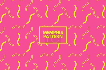 Geometric wavy lines yellow shapes. Memphis trendy style. Seamless repeat vector pattern. Simple pink background