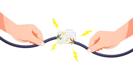 Téléchargez les illustrations : Main tenant le câble électrique cassé avec étincelle électrique. - en licence libre de droit