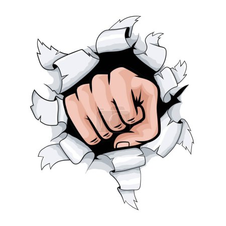 Illustration for Cartoon fist punching a hole in the background - Royalty Free Image