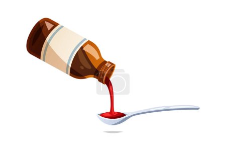 Illustration for Bottle pouring medicine syrup in spoon vector isolated on white background. - Royalty Free Image