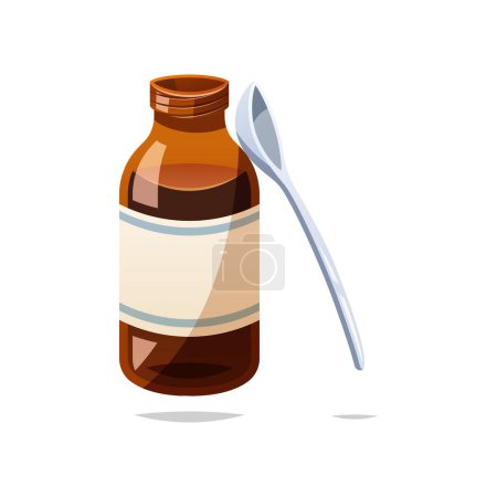 Ilustración de Frasco abierto de jarabe de medicina con cuchara vector aislado sobre fondo blanco. - Imagen libre de derechos