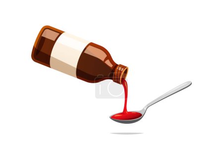 Ilustración de Frasco verter jarabe de medicina en cuchara vector aislado sobre fondo blanco. - Imagen libre de derechos