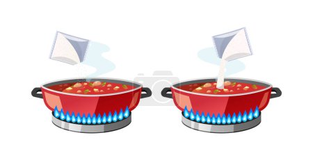 Adding monosodium glutamate to soup on a gas stove vector isolated on white background.