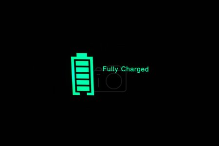 "Fully charged" Glowing green battery charge indicator. Fast charging technology.