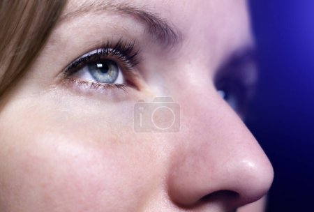 Close up,Tired woman's eyes. Girl is working on internet.