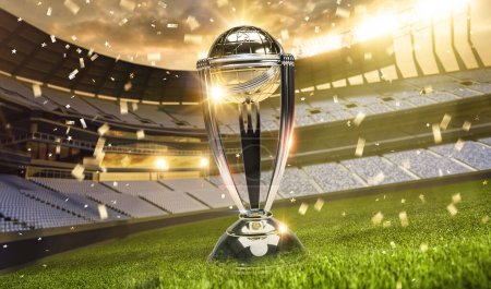 Téléchargez les photos : Coupe du monde de cricket célébration trophée gagnant avec balle. Illustration de rendu 3d. - en image libre de droit