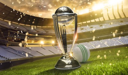 Téléchargez les photos : Coupe du monde de cricket célébration trophée gagnant avec balle. Illustration de rendu 3d. - en image libre de droit