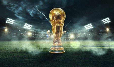 Foto de Copa Mundial de la FIFA 2022 celebración de ganar el trofeo con el estadio. Ilustración de representación 3d - Imagen libre de derechos
