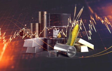 Commodities including crude oil, gold, silver, copper, platinum, and corn isoladed background. 3d rendering illustration.