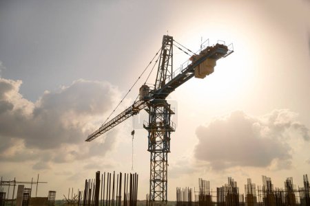 Large construction site including several cranes working on a silhouette complex, with cloudy background
