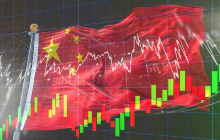 Double exposure of China flag on coins stacking and stock market graph chart .It is symbol of china high growth economy and technology.