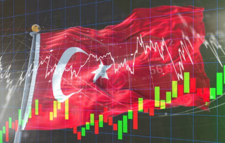 Photo for Turkey flag, stock market, exchange economy and Trade, oil production, container ship in export and import business and logistics. - Royalty Free Image