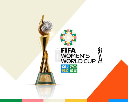 Foto de Karachi, Pakistán. 13 de marzo. Copa Mundial Femenina FIFA 2023 celebrando el trofeo ganador con el Sydney Stadium. Ilustración de representación 3d. - Imagen libre de derechos