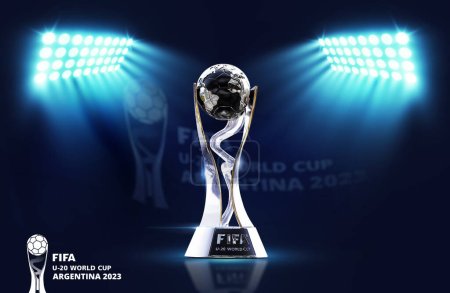 Foto de FIFA Copa del Mundo Sub-20 Argentina 2023 estadio con el trofeo 3d representación ilustración. - Imagen libre de derechos