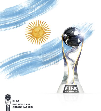 Foto de FIFA U-20 Copa del Mundo Argentina 2023 cinta de la bandera con el trofeo 3d representación ilustración. - Imagen libre de derechos