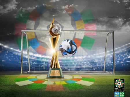 Téléchargez les photos : Coupe du monde féminine de la Fifa 2023 célébration main trophée gagnant avec fond isolé. Illustration de rendu 3d. - en image libre de droit