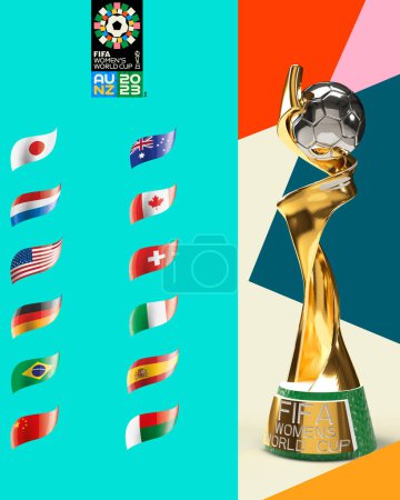 Téléchargez les photos : Karachi, Pakistan 10 mars Coupe du Monde Féminine FIFA 2023 trophée avec logo fond isolé, football féminin illustration de rendu 3d. - en image libre de droit