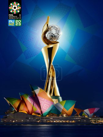 Téléchargez les photos : Karachi, Pakistan 10 mars Coupe du Monde Féminine FIFA 2023 trophée avec logo fond isolé, football féminin illustration de rendu 3d. - en image libre de droit