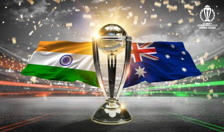 Photo for Karachi Pakistan 12 july. icc world cup 2023. England vs Australia trophy with flag. 3d rendering illustration. - Royalty Free Image