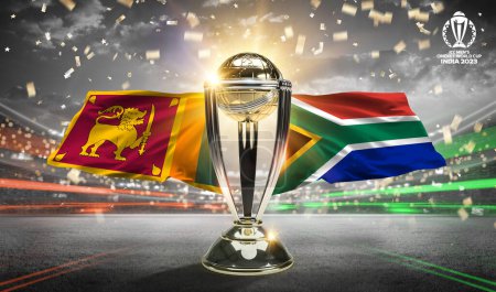 Photo for Karachi, Pakistan, 12 july. Sri lanka vs South africa icc world cup 2023 flags with trophy celebration stadium 3d rendering illustration - Royalty Free Image
