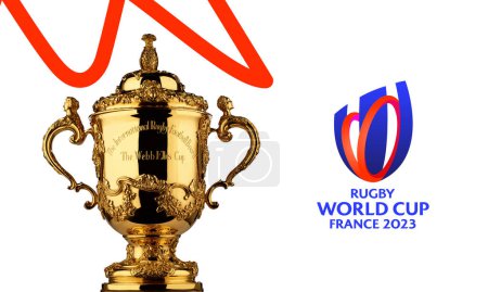 Téléchargez les photos : Karachi, Pakistan 20 mars 2023, Identité de marque de la Coupe du Monde de Rugby 2023 France, Trophée isolé, rendu 3d Illustration. - en image libre de droit