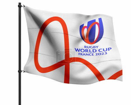 Téléchargez les photos : Karachi, Pakistan 20 mars 2023, Identité de marque de la Coupe du Monde de Rugby 2023 France, main avec mobile isolé, rendu 3d Illustration. - en image libre de droit