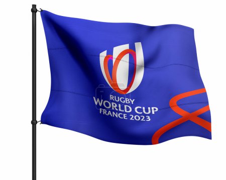 Téléchargez les photos : Karachi, Pakistan 20 mars 2023, Identité de marque de la Coupe du Monde de Rugby 2023 France, main avec mobile isolé, rendu 3d Illustration. - en image libre de droit