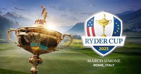 Karachi, Pakistán - 10 de julio, Ryder Cup con el trofeo. Ryder Cup 2023. Ryder Cup torneo de golf representación 3D ilustración.