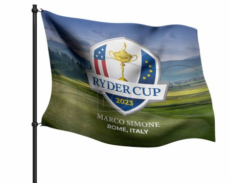 Téléchargez les photos : Karachi, Pakistan - 10 juillet, Ryder Cup avec le trophée. Ryder Cup 2023. Ryder Cup tournoi de golf drapeau illustration rendu 3D. - en image libre de droit