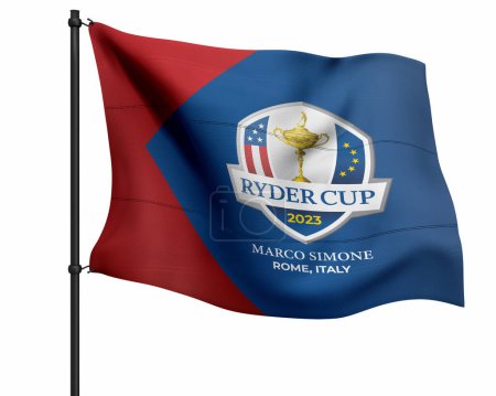 Téléchargez les photos : Karachi, Pakistan - 10 juillet, Ryder Cup avec le trophée. Ryder Cup 2023. Ryder Cup tournoi de golf drapeau illustration rendu 3D. - en image libre de droit