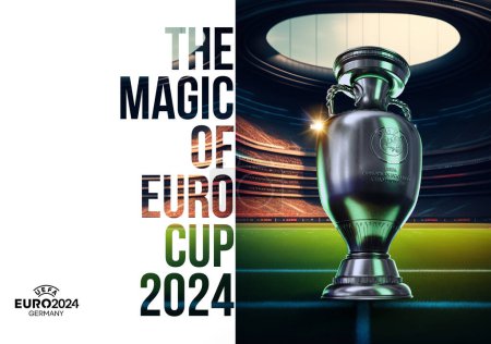 Téléchargez les photos : Karachi Pakistan 24 mars. Logo de la Coupe d'Euro et Trophée Championnat de Football 2024 fond coloré illustration de rendu 3d. - en image libre de droit