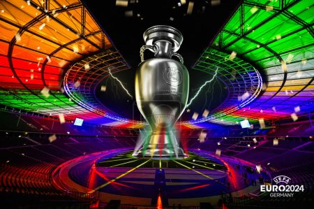 Photo for Karachi Pakistan 24 March. Euro Cup logo and Trophy Football championship 2024 colourful background 3d rendering illustration. - Royalty Free Image