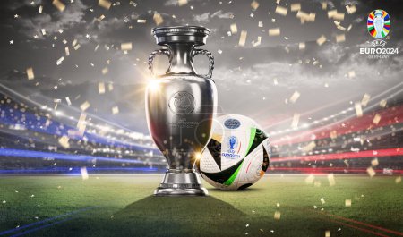 Photo for Karachi, Pakistan. 27 November. UEFA Euro Cup 2024 Trophy with Soccer ball football Isolated background. 3d rendering illustration. - Royalty Free Image