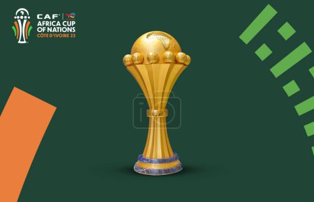 Téléchargez les photos : Karachi, Pakistan - 30 juillet 2023 : Marque Identité de l'Afrique Coupe des Nations Côte d'Ivoire 2023-2024, logo et trophée. Illustration de rendu 2D Contexte - en image libre de droit