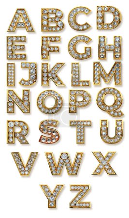 Téléchargez les photos : Lettres en alphabet diamant. Superbe bijou de A à Z serti de pierres précieuses et illustration de rendu 3D en or. - en image libre de droit