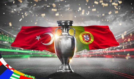 Téléchargez les photos : Karachi, Pakistan 15 May UEFA Euro Cup 2024. Turkey vs Portugal. 2d rendering illustration. - en image libre de droit