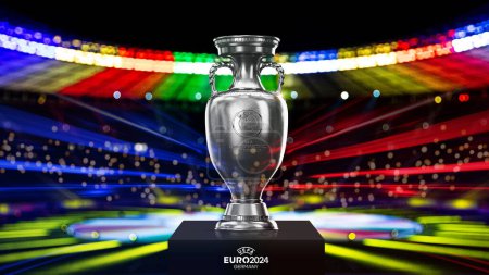 UEFA EURO 2024 Cup Feier Siegertrophäe im schwarzen Hintergrund. 3D-Darstellung