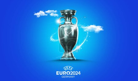 Karatschi, Pakistan. 31. Mai. UEFA EURO 2024 Cup Feier Siegertrophäe im schwarzen Hintergrund. 3D-Darstellung