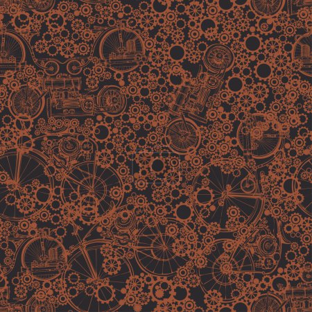 Seamless pattern Steampunk with old bikes and gears. Template steampunk design for card. Steampunk style.