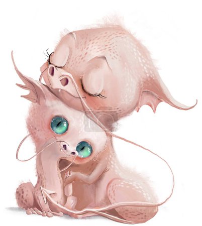 cute white dragons - mom and kid - are huging