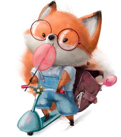 Téléchargez les photos : Cute cartoon fox with floral wreath, pink candy and scooter - en image libre de droit