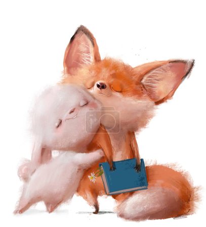 Photo for Cute cartoon fox with white little hare hugging - Royalty Free Image