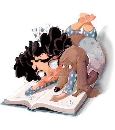 Photo for Cute cartoon curly girl with a dog read the book - Royalty Free Image
