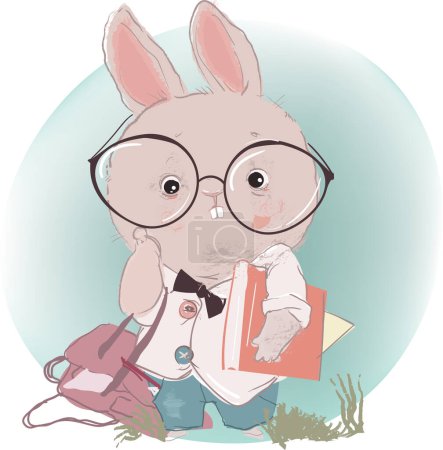 Téléchargez les illustrations : Cute hare with glasses and book. vector art - en licence libre de droit