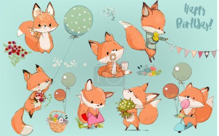 Téléchargez les illustrations : Mignon jeu de renard dessin animé avec des fleurs et des ballons - en licence libre de droit