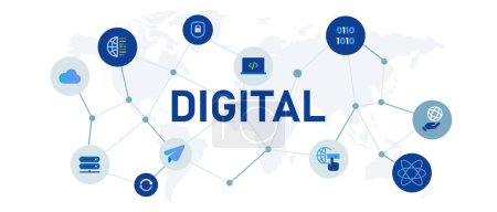 Digital technology bit code concept illustrated interconnected blue icons white background wide header corporate vector format