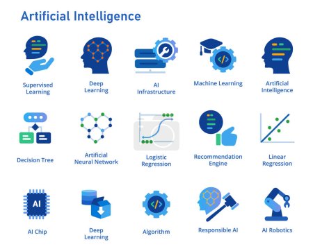 Artificial intelligence icon set collection machine deep learning algorithm concept blue graphic vector