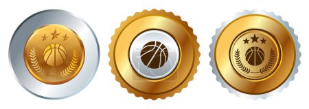 Téléchargez les illustrations : Basketball basket-ball médaille d'or argent ronde forme tournoi gagnant médaillon jeu graphique vecteur - en licence libre de droit