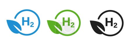 Téléchargez les illustrations : Hydrogène H2 carburant alternative écologique feuille ronde symbole en bleu vert noir vecteur de couleur - en licence libre de droit