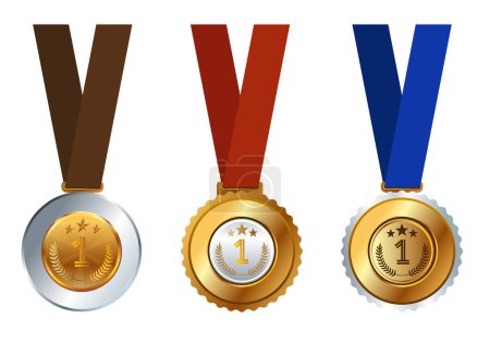 Illustration for Medallion 1st winner medal gold with hanging ribbon set collection vector - Royalty Free Image